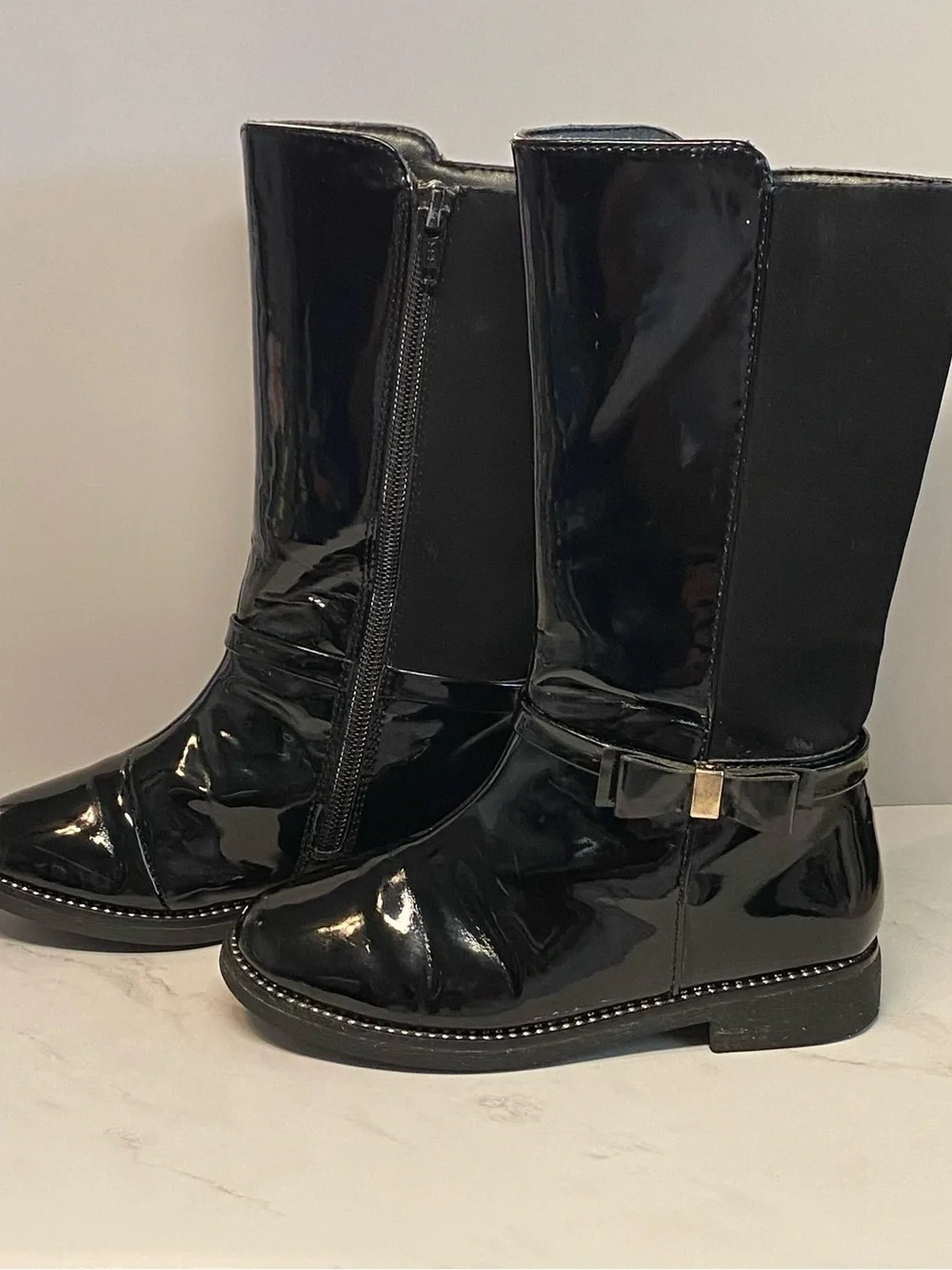 Place Black Patent Jeweled Tall Boots With Side Bow Size 10
